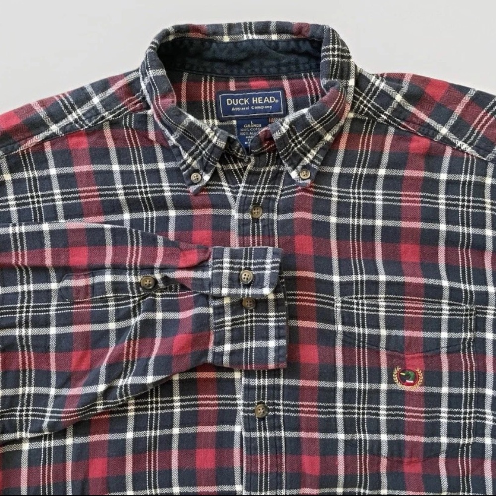 Vintage Duck Head Long Sleeve Flannel Shirt Crest Logo Pocket Men’s Large Plaid